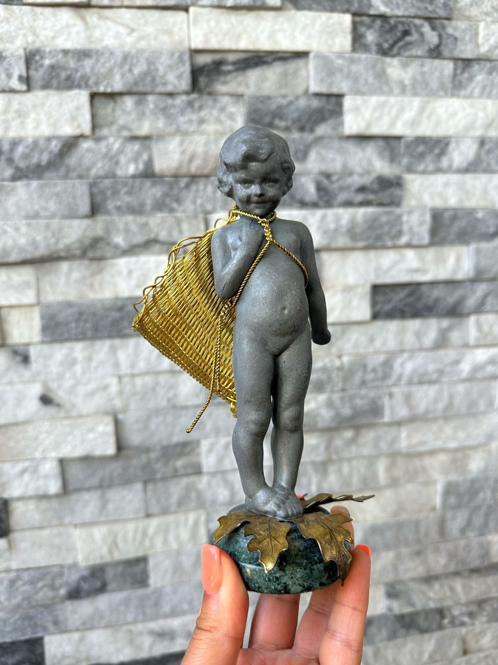 Vintage Petites Choses Art Nouveau Girl with Basket Marble Brass Statue